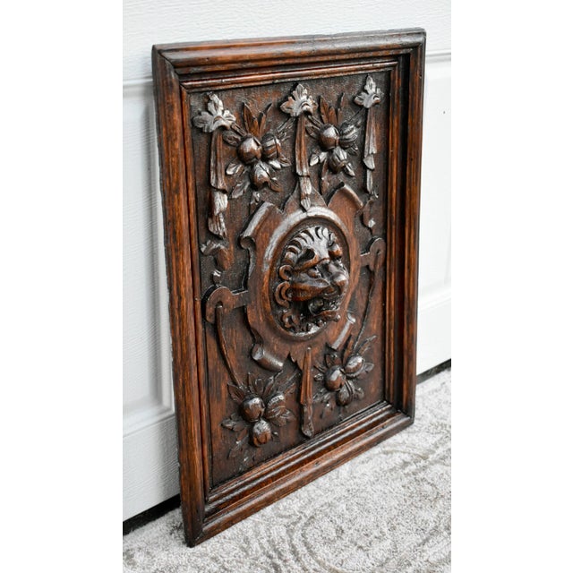 Antique Carved Oak Plaque Tudor Lion Wall Panel Wood Relief Head Mask Victorian For Sale - Image 4 of 11