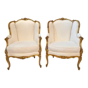 Late 19th Century Pair Antique French Louis XV Style Bergère Chairs