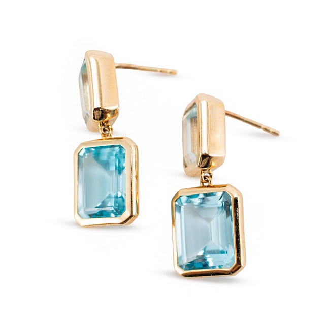 14k Yellow Gold 17.01ctw Bezel Set Emerald Cut Topaz Drop Dangle Earrings For Sale In Houston - Image 6 of 9