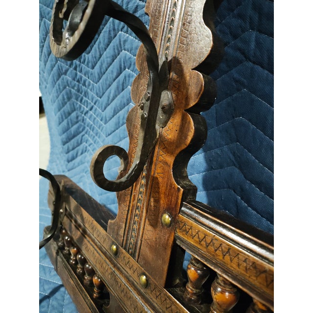 Wood 19th Century Swiss Black Forest Gothic Carved Walnut Pipe Rack / Hall Rack With Wrought Iron Hooks For Sale - Image 7 of 10