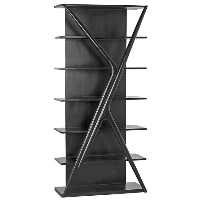Strikingly carved of teak finished in hand rubbed black, this unique bookshelf from Noir features and exuberant bent X...