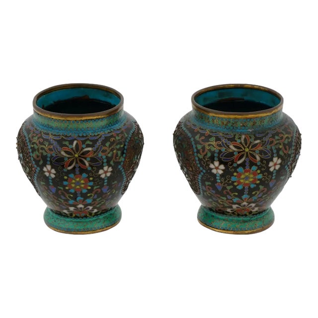 Pair of Antique Japanese Cloisonne Enamel Meiji Vases For Sale
