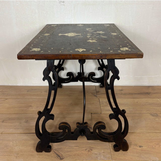 Wood 1930s Spanish Baroque Style Side Table with Floral Marquetry Top and Ebonized Base For Sale - Image 7 of 13