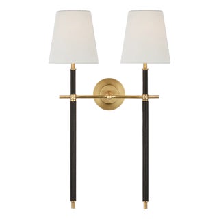 Thomas O'Brien for Visual Comfort Signature Bryant Large Wrapped Double Tail Sconce in Hand-Rubbed Antique Brass and Chocolate Leather w/ Linen Shades For Sale