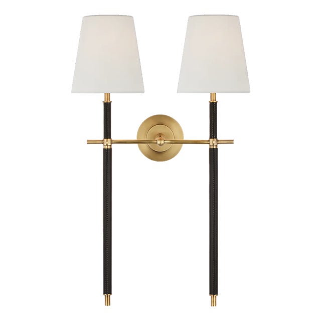 Thomas O'Brien for Visual Comfort Signature Bryant Large Wrapped Double Tail Sconce in Hand-Rubbed Antique Brass and Chocolate Leather w/ Linen Shades For Sale