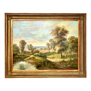 Mid-Century Modern Realist Oil Painting, Dreamy Landscape in Golden Frame, Signed, 49"w For Sale