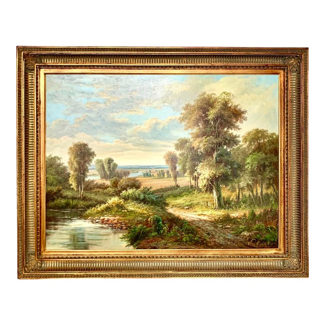 Mid-Century Modern Realist Oil Painting, Dreamy Landscape in Golden Frame, Signed, 49"w For Sale