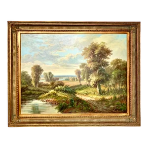 Vintage Painting Dreamy Landscape Oil on Canvas Fine Art in Golden Frame Signed