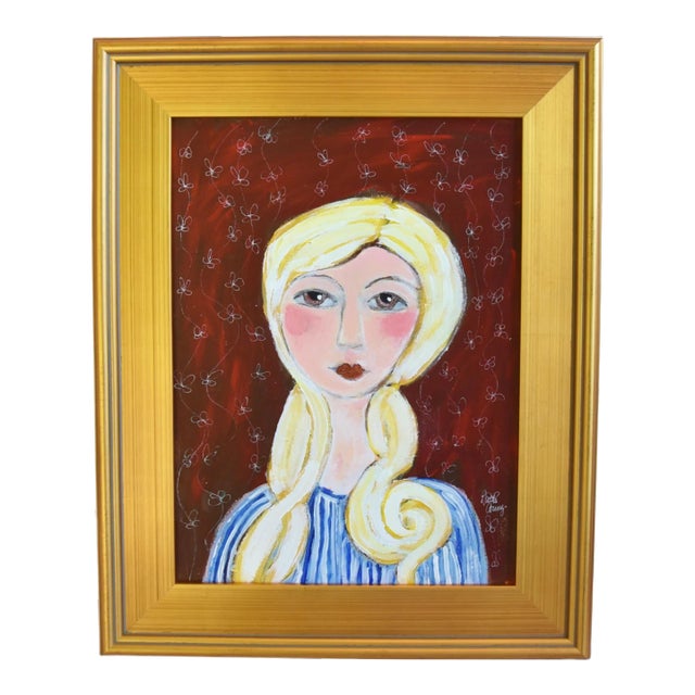 French Mademoiselle W/ Curly Blonde Hair Portrait Oil Painting W/ Antiqued Gold Wood Frame For Sale