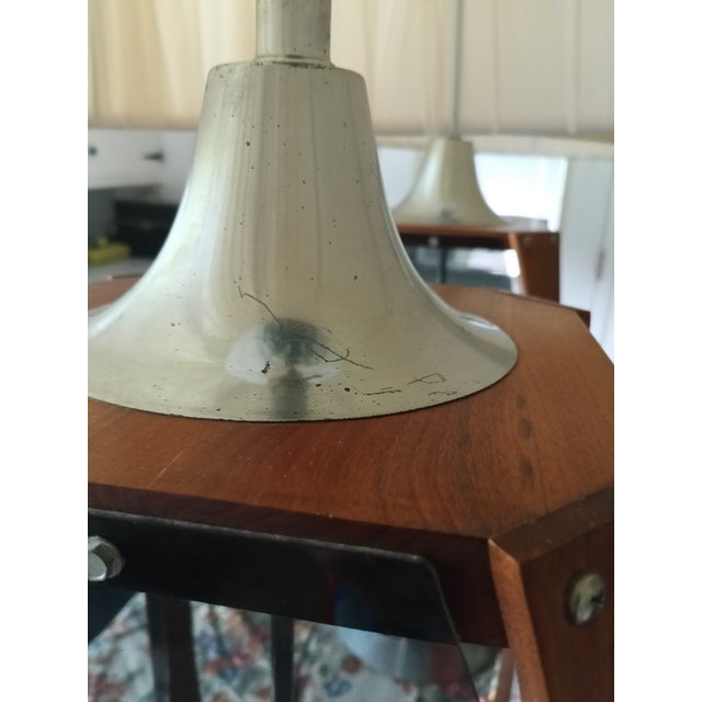 Mid-Century Modern Mid 20th Century Modern Sculptural Wood & Smoked Glass Lamps – Pleated Shades – Danish Modern – Hollywood Regency Statement Lighting - Pair For Sale - Image 3 of 8