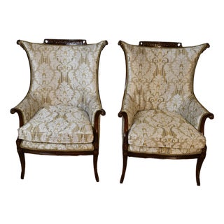 1930 Pair French Carved Mahogany High-Back Living Room Chairs / Spring-Seat For Sale