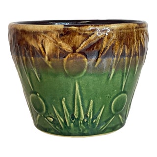 Vintage Green & Brown Drip Glazed Planter For Sale