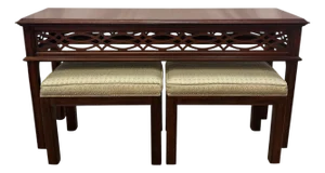 Vintage Henkel Harris Virginia Galleries Collection Chippendale Style Mahogany Console Table & Pair of Upholstered Stools