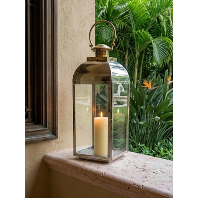 Large Mid-Century Modern Polished Stainless Steel and Brass Floor Lantern For Sale - Image 12 of 12