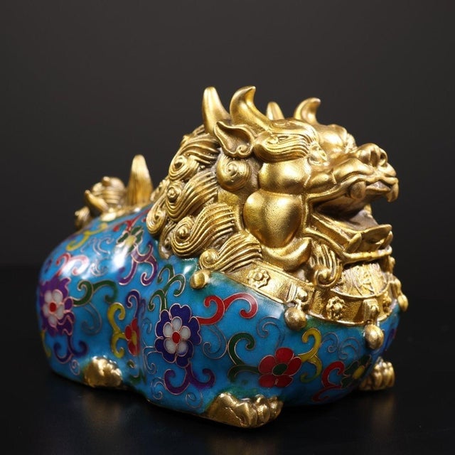 Chinese Vintage Cloisonné Enamel Gilt Bronze Pixiu Statue Figure For Sale - Image 3 of 7