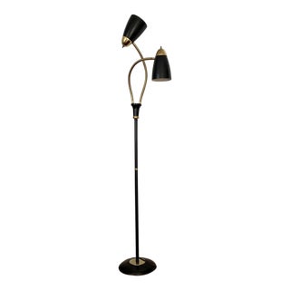 Vintage Brass and Black Metal Double Bullet Floor Lamp For Sale