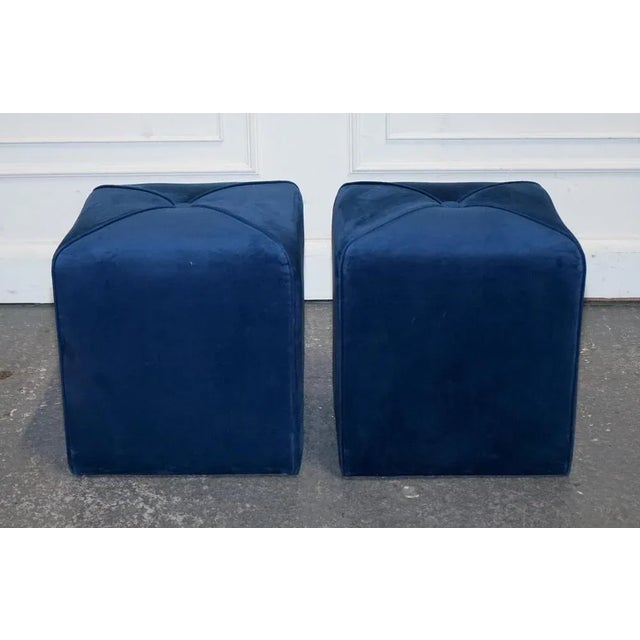 Art Deco Blue Velvet Touch Fabric Blue Stools, Set of 2 For Sale - Image 5 of 8