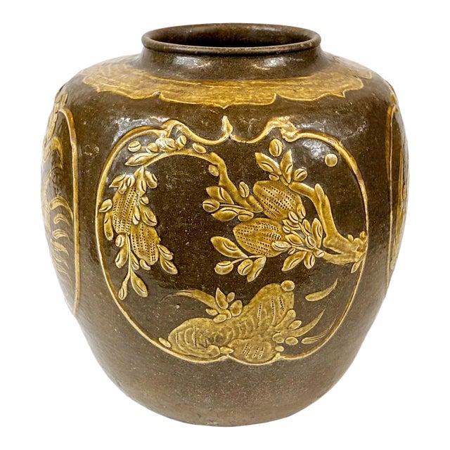 19th Century Ceramic Pot With 4 Relief Designs For Sale