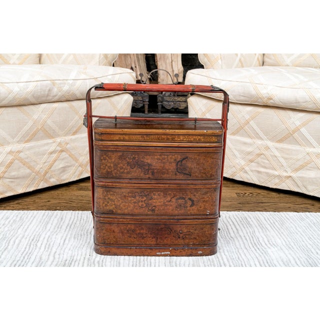 Antique Chinese Stacked Three-Tiered Lacquered Wedding Basket For Sale - Image 4 of 10