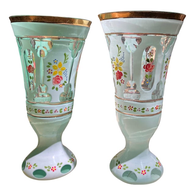 Antique Bohemian Blue Opaline Glass Goblets with Gilt Rims and Florals, Set of 2 For Sale