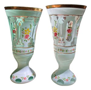 Antique Bohemian Blue Opaline Glass Goblets with Gilt Rims and Florals, Set of 2