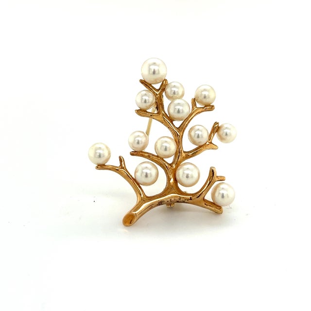 Metal 1990s Mikimoto Estate Akoya Pearl Tree of Life Brooch 14k Gold For Sale - Image 7 of 7
