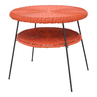 1950s Mid-Century Modern Carl Aubock Style Red Rattan & Wrought Iron 2-Tier Side Table For Sale