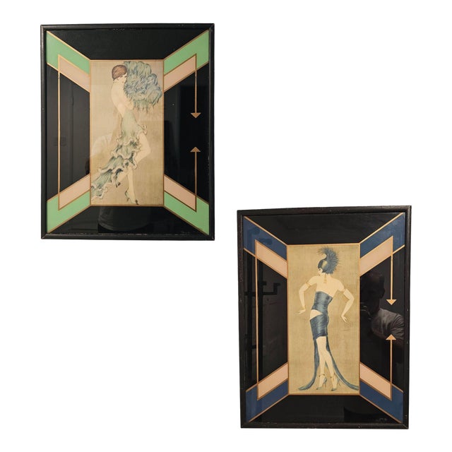 1920s Art Deco Flapper Fashion Illustration "Tanz" Prints Frames by Vala Moro, Pair For Sale