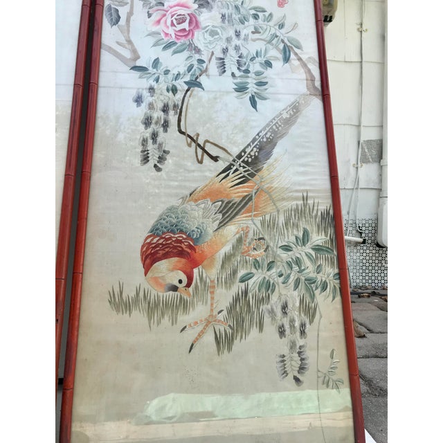 Pair of Vintage Early 20th Century Chinese Silk Embroidery of Birds With Flowers Framed on Painted Bamboo For Sale - Image 4 of 12