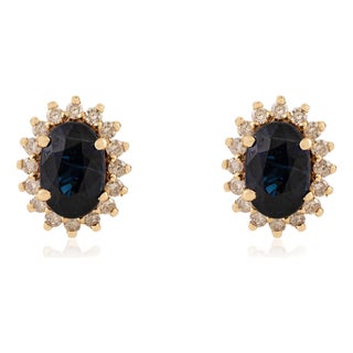Classic 14k Yellow Gold Stud Earrings With 1.34Ct Blue Sapphire & Diamond Halo- A Pair For Sale
