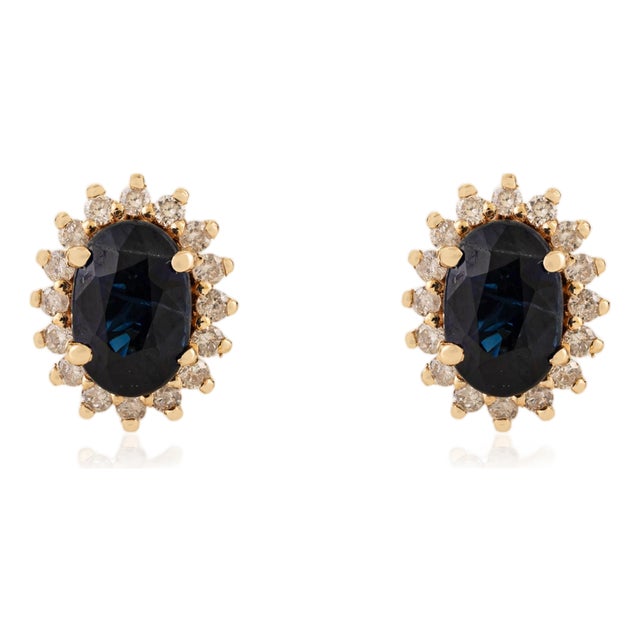 Classic 14k Yellow Gold Stud Earrings With 1.34Ct Blue Sapphire & Diamond Halo- A Pair For Sale