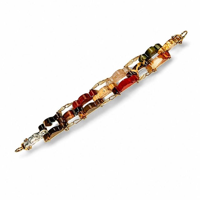 Mid-Century Modern Mid 20th Century 18k Yellow Gold Hand Carved Multi Colored Agate Designer Bracelet For Sale - Image 3 of 4