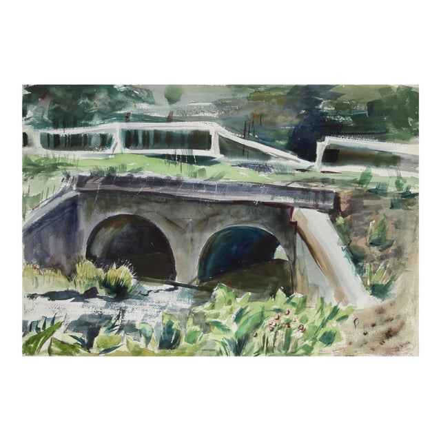1950s "Bridge in Central Park and Manhattan View from Brooklyn 70" Watercolor Painting by Eve Nethercott For Sale
