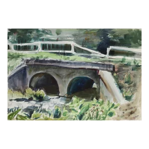 1950s "Bridge in Central Park and Manhattan View from Brooklyn 70" Watercolor Painting by Eve Nethercott