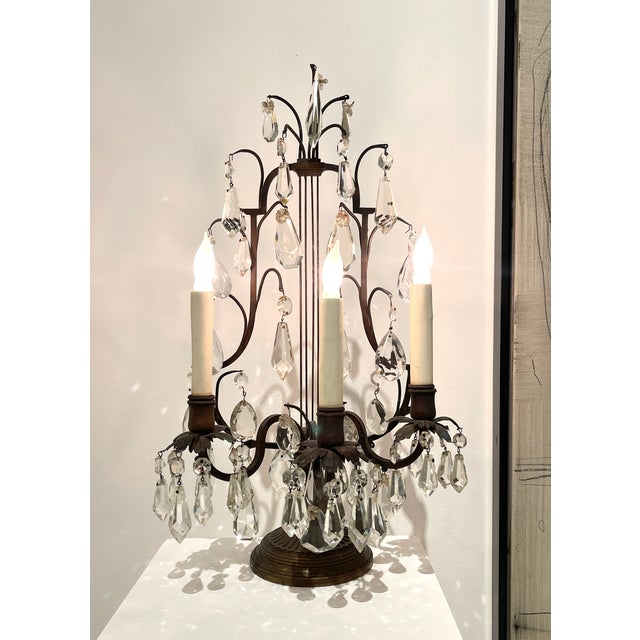 French Provincial Crystal Girandole Table Lamps, Bronze Finish, Made by Boler Accent Lighting - A Pair For Sale - Image 3 of 17