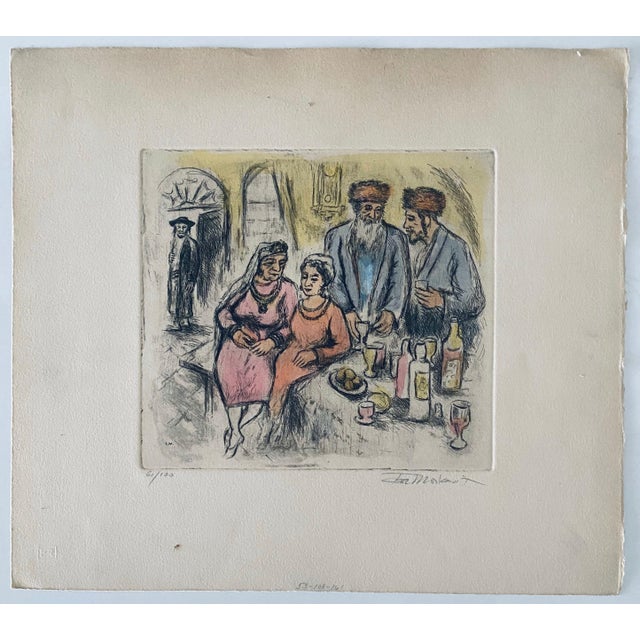 Black Ira Moskowitz, Judaica interior scene etching with hand coloring For Sale - Image 8 of 8