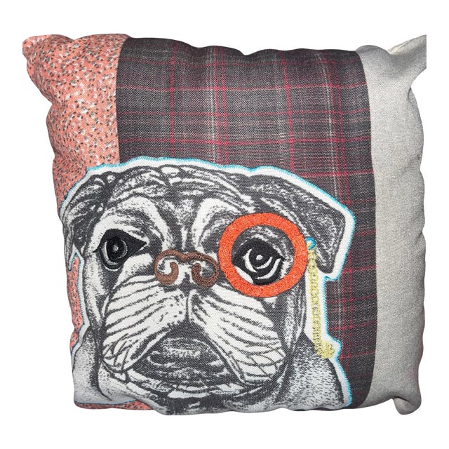 Custom Whimsical Bulldog Throw Pillow With Monocle Patchwork Design For Sale