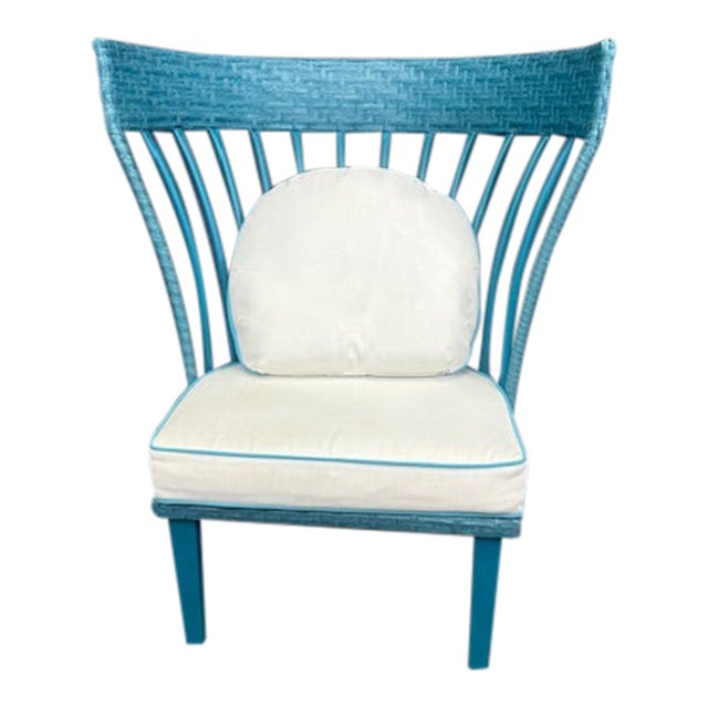 1960s Contemporary Cerulean & White High Back Indoor/Outdoor Chair For Sale