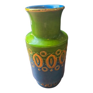 Aldo Londi Bitossi Italy MCM Green Blue Gold Glazed Ceramic Vase 8" Rimini Style For Sale