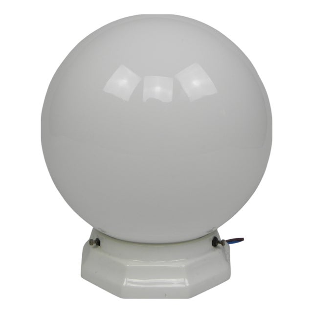 Art Deco Ceiling Lamp with Round Glass Ball and Porcelain Fixture, 1930s For Sale