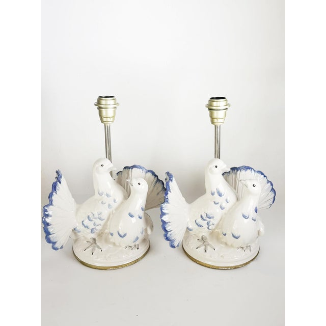 Lampshades are not included.! Charming pair of vintage French ceramic table lamps sculpted in the form of two doves with...
