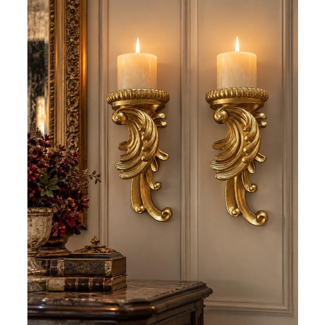 Pair of Ornate Gilt Acanthus Leaf Wall Sconces / Candle Shelves For Sale - Image 9 of 12