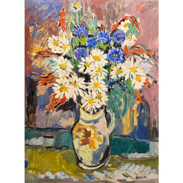 David Burliuk - Vibrant Floral Still Life in Vase– 1950s Oil Painting For Sale - Image 4 of 13