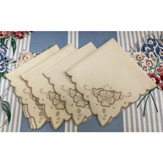 Vintage Madeira Taupe Embroidered Cocktail Napkins, Set/4 For Sale In Washington DC - Image 6 of 6