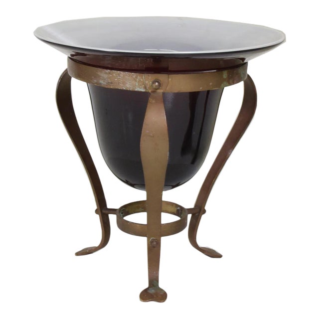 1940s Art Deco Elevated Centerpiece Glass Vase Framed in Solid Bronze For Sale