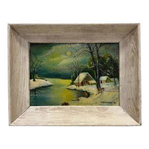 1956 Signed Outsider's Art Winter Scenic Landscape