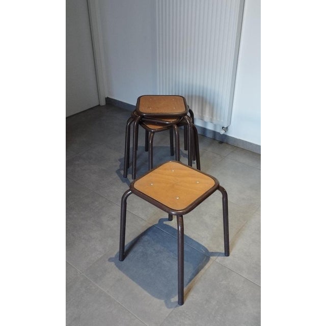 Brown Vintage Industrial Stackable Bar Stools from Mullca, France, 1950s, Set of 4 For Sale - Image 8 of 18