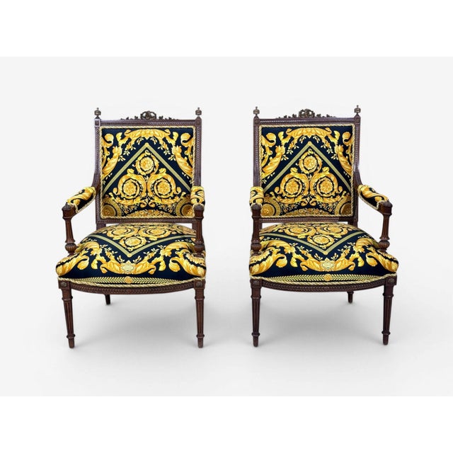 French Gianni Versace Fabric Louis XVI Style Armchairs, Walnut, France, 20th C. For Sale - Image 3 of 16