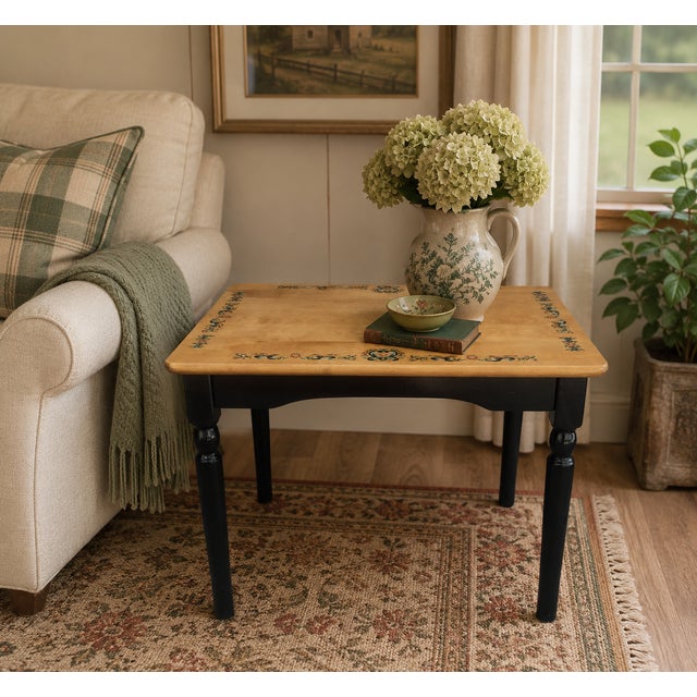Wood Vintage Scandinavian Folk Art Floral Painted Wood Side Table For Sale - Image 7 of 7