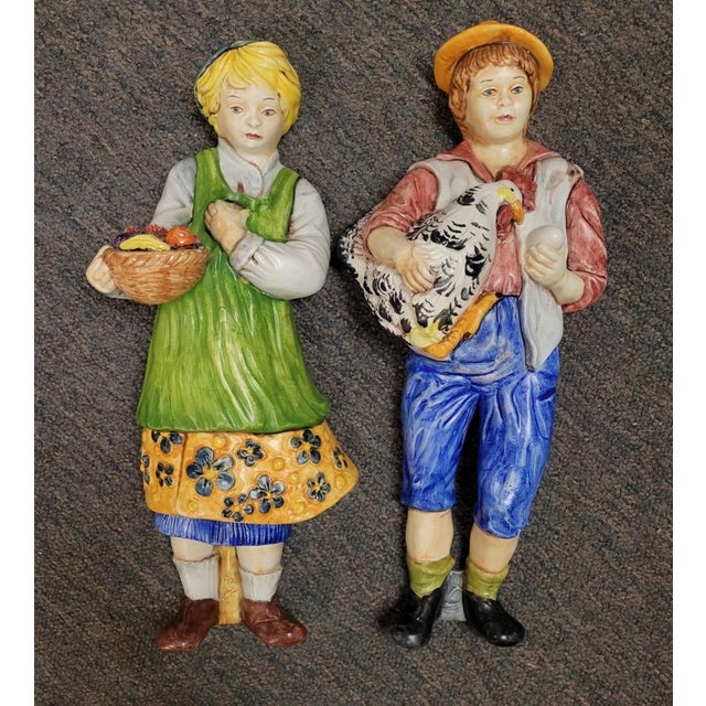 20th C Italian Majolica Ceramic Peasant Children Wall Figurines With
